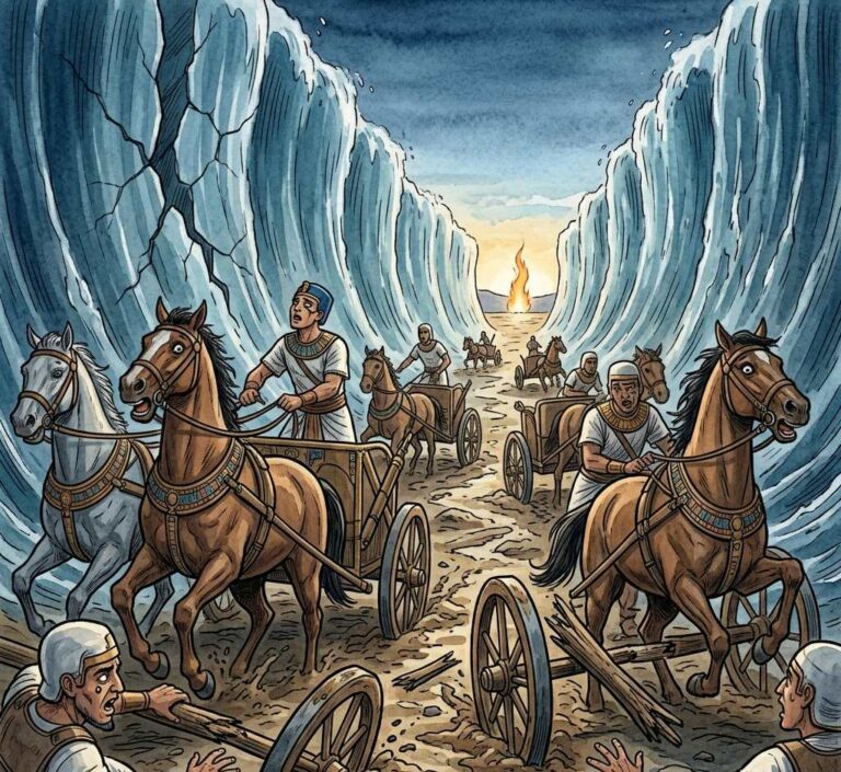 Egyptian chariot wheels stuck in mud at the bottom of the sea with walls of water on both sides.