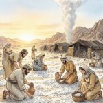 White flaky manna covering the desert ground as Hebrew people bend to gather it at sunrise.
