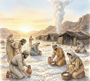 White flaky manna covering the desert ground as Hebrew people bend to gather it at sunrise.