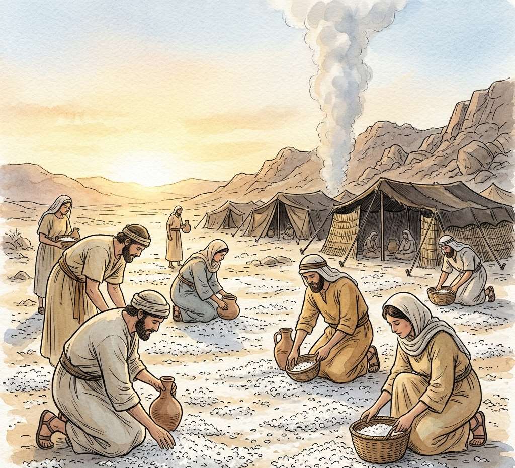 White flaky manna covering the desert ground as Hebrew people bend to gather it at sunrise.