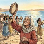 An elderly woman with a tambourine leading women in dance on a seashore.