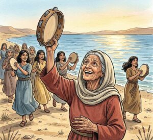 An elderly woman with a tambourine leading women in dance on a seashore.