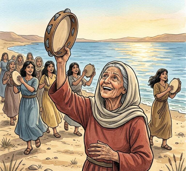 An elderly woman with a tambourine leading women in dance on a seashore.