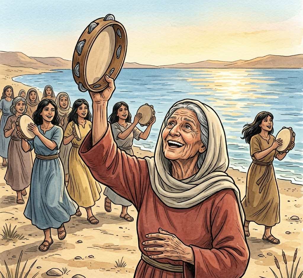 An elderly woman with a tambourine leading women in dance on a seashore.