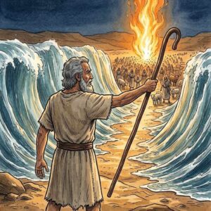 A man with a staff stretching his hand over a sea that is dividing with walls of water on both sides.