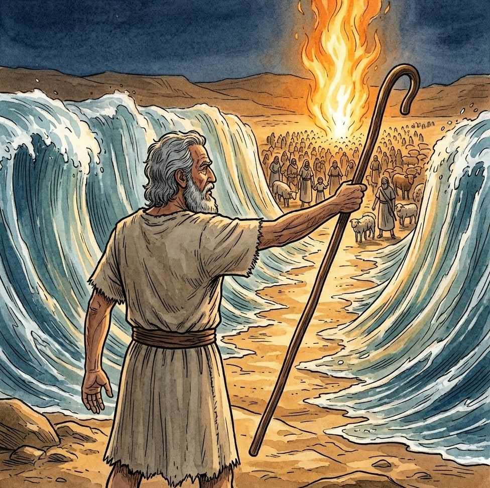 A man with a staff stretching his hand over a sea that is dividing with walls of water on both sides.
