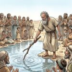 A wooden branch being cast into a pool of water as people watch with thirst on their faces.