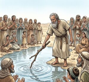 A wooden branch being cast into a pool of water as people watch with thirst on their faces.
