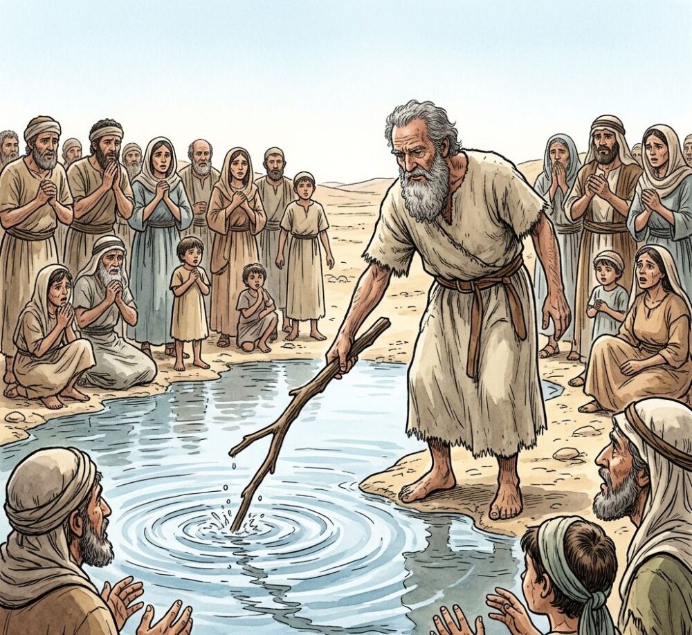 A wooden branch being cast into a pool of water as people watch with thirst on their faces.