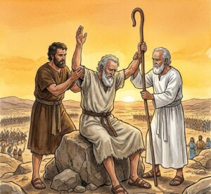 Two men holding up the arms of an old man sitting on a stone on a hilltop.