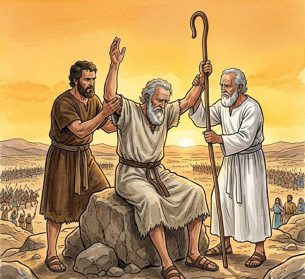 Two men holding up the arms of an old man sitting on a stone on a hilltop.