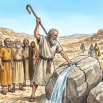An old man striking a large rock with a staff as water pours out in the desert.