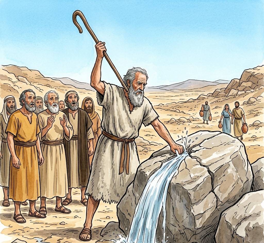 An old man striking a large rock with a staff as water pours out in the desert.