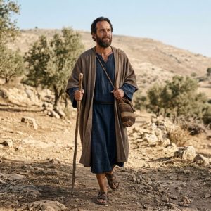A ancient traveler in biblical attire walking along a Galilean road with a staff.
Featured Image Title: He Sent Forth His Word