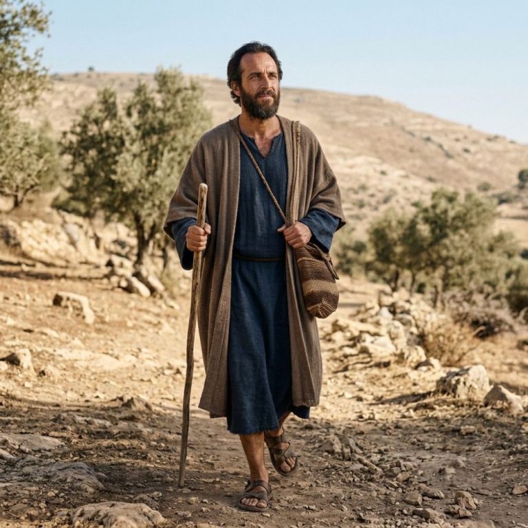 A ancient traveler in biblical attire walking along a Galilean road with a staff.
Featured Image Title: He Sent Forth His Word