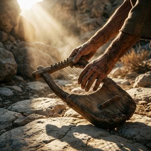 Extreme close-up of an ancient exiled exile's weathered hands picking up a harp from beside dry riverbed rocks under a radiant morning sun.

Featured Image Description: Modern cinematic spiritual photography in 1:1 dimension. The focus is an extreme close-up of an elderly exile’s dusty, scarred hands reaching down to lift an ancient stringed harp resting on dry, cracked desert riverbed stones. A brilliant ray of early morning sun cuts through the fog, lighting up the dust particles and bringing warmth to the pale stones. High contrast lighting with moody shadows and high cinematic fatalism. No crowds.

Featured Image Title: lord-turned-captivity-of-zion-2026.jpg