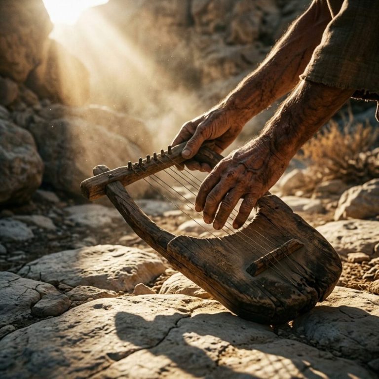 Extreme close-up of an ancient exiled exile's weathered hands picking up a harp from beside dry riverbed rocks under a radiant morning sun.

Featured Image Description: Modern cinematic spiritual photography in 1:1 dimension. The focus is an extreme close-up of an elderly exile’s dusty, scarred hands reaching down to lift an ancient stringed harp resting on dry, cracked desert riverbed stones. A brilliant ray of early morning sun cuts through the fog, lighting up the dust particles and bringing warmth to the pale stones. High contrast lighting with moody shadows and high cinematic fatalism. No crowds.

Featured Image Title: lord-turned-captivity-of-zion-2026.jpg