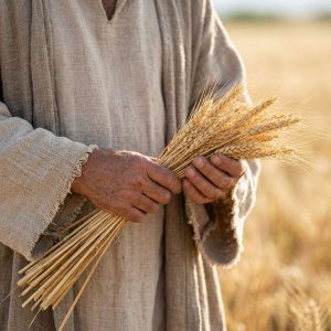 Close-up of weathered hands in biblical attire gathering wheat sheaves in an ancient agricultural setting.
Featured Image Title: Restoration of the Harvest Years The Locust Has Eaten